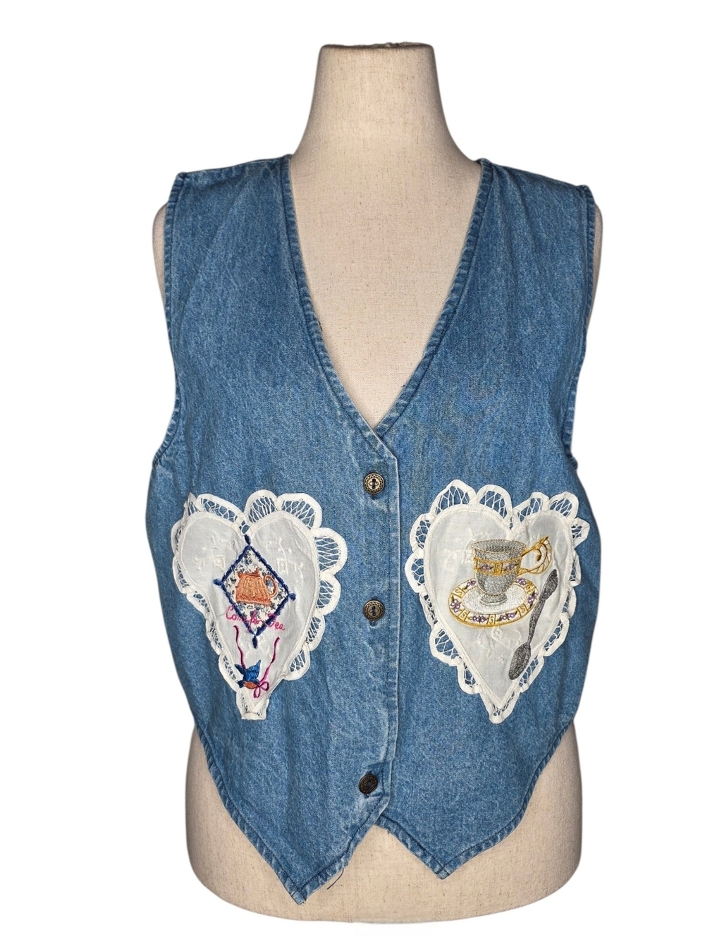 Vintage Denim Vest Lace Applique Embroidered Tea Cottagecore Small